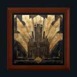 Art Deco Retro Gold Black City Scape Gift Box<br><div class="desc">Beautiful image in the Art Deco, Art Nouveau style. Tall black buildings with an abstract, golden Sun rising in the background.
THIS IS A PRINTED IMAGE ON A FLAT TILE</div>