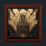 Art Deco Retro Gold Black City Scape Gift Box<br><div class="desc">Beautiful image in the Art Deco, Art Nouveau style. Tall black buildings with an abstract, golden Sun rising in the background.
THIS IS A PRINTED IMAGE ON A FLAT TILE</div>