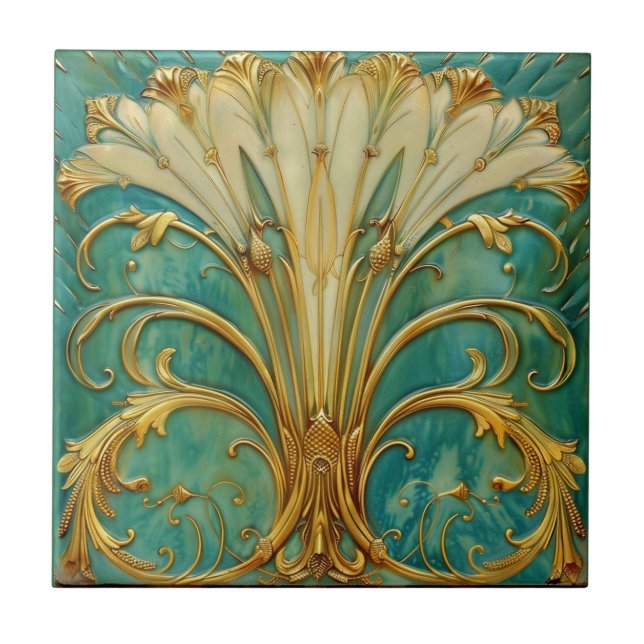 Art Deco Retro Gold Turquoise Trumpet Flower Ceramic Tile (Front)
