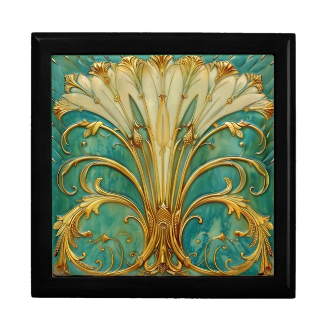 Art Deco Retro Gold Turquoise Trumpet Flower Gift Box (Front)