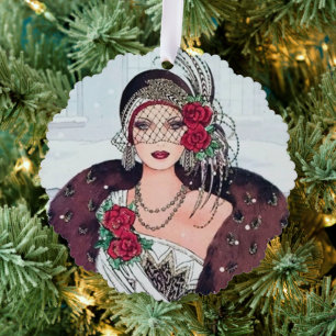 Art Deco retro vintage add message lady Ornament Card