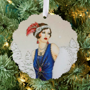 Art Deco retro vintage add text lady Ornament Card