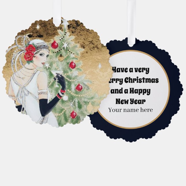 Art Deco retro vintage add text lady  Ornament Card (Front/Back)