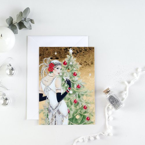 Art deco retro vintage Christmas add message lady Holiday Card