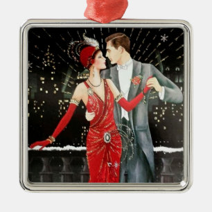art deco retro vintage Christmas couple Metal Ornament