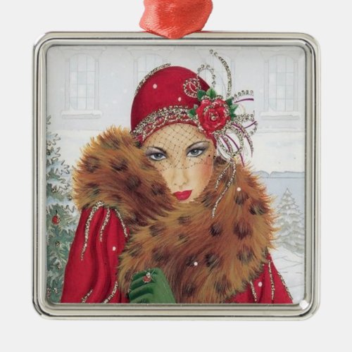 art deco retro vintage Christmas Holiday lady Metal Ornament