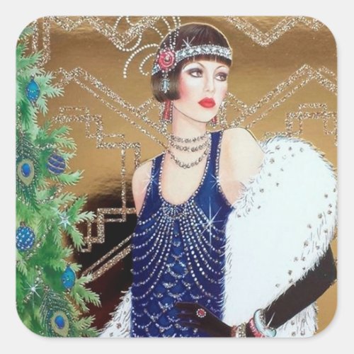 Art deco retro vintage Christmas Holiday lady Square Sticker