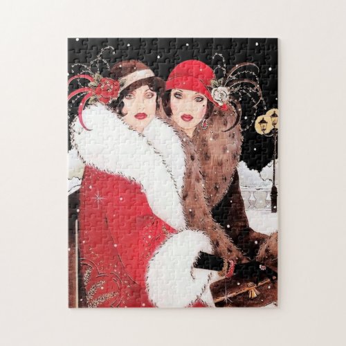 art deco retro vintage Christmas ladies Jigsaw Puzzle