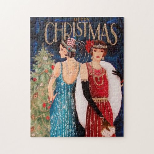 art deco retro vintage Christmas ladies Jigsaw Puzzle