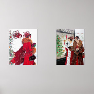 Art Deco retro vintage Christmas Ladies  Wall Art Sets