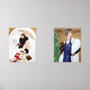 Art Deco retro vintage Christmas Ladies  Wall Art Sets