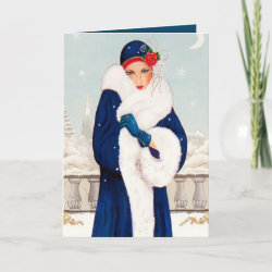 Art deco retro vintage Christmas lady add message Holiday Card