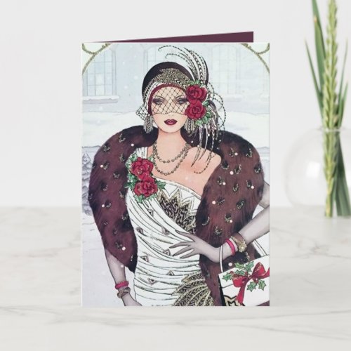 Art Deco Retro vintage Christmas lady  Card