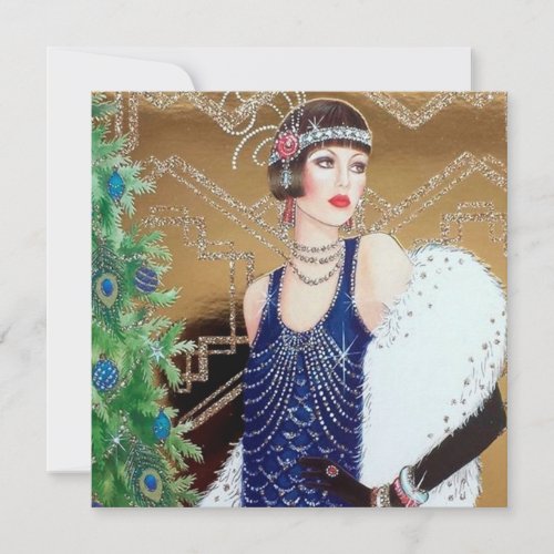 art deco retro vintage Christmas lady Holiday Card