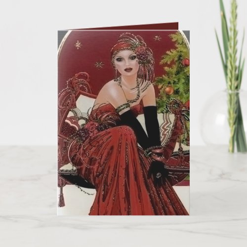 Art Deco retro vintage Christmas lady Holiday Card