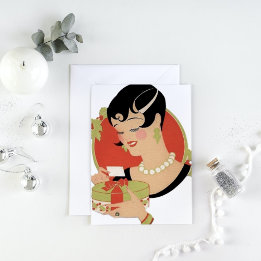 art deco retro vintage Christmas lady Holiday Card