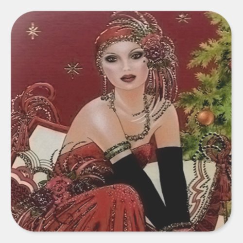 Art deco retro vintage Christmas lady Holiday Square Sticker