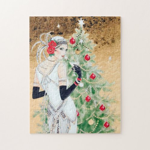 art deco retro vintage Christmas lady Jigsaw Puzzle