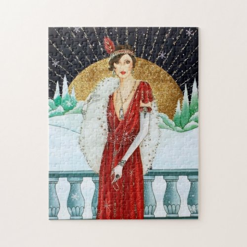 art deco retro vintage Christmas lady Jigsaw Puzzle