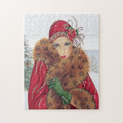 art deco retro vintage Christmas lady Jigsaw Puzzle