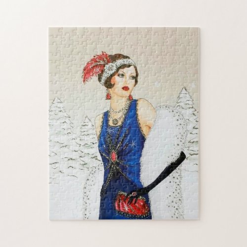 art deco retro vintage Christmas lady Jigsaw Puzzle