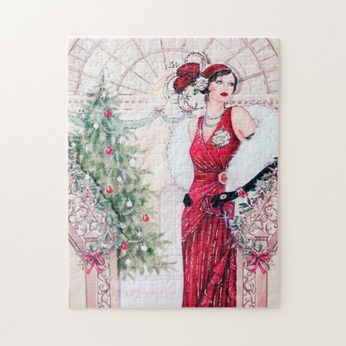 art deco retro vintage Christmas lady Jigsaw Puzzle