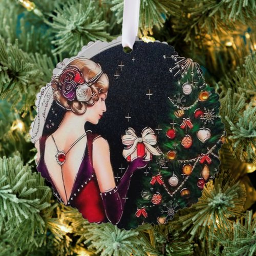 Art Deco retro vintage Christmas lady  Ornament Card