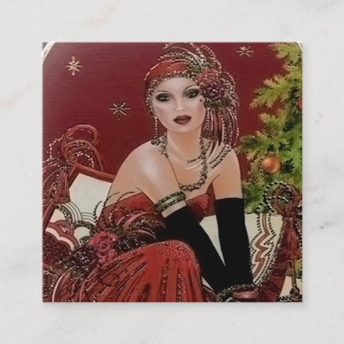 Art deco retro vintage Christmas lady Square Business Card