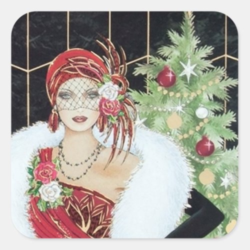 Art deco retro vintage Christmas lady sticker