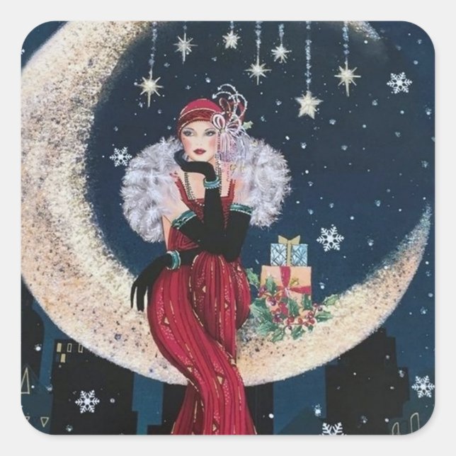 Art deco retro vintage Christmas lady sticker (Front)