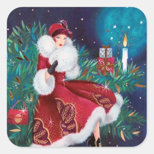 Art deco retro vintage Christmas lady sticker