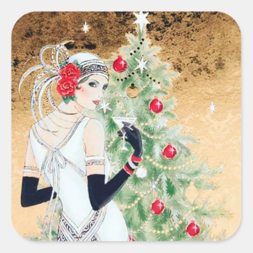 Art deco retro vintage Christmas lady sticker