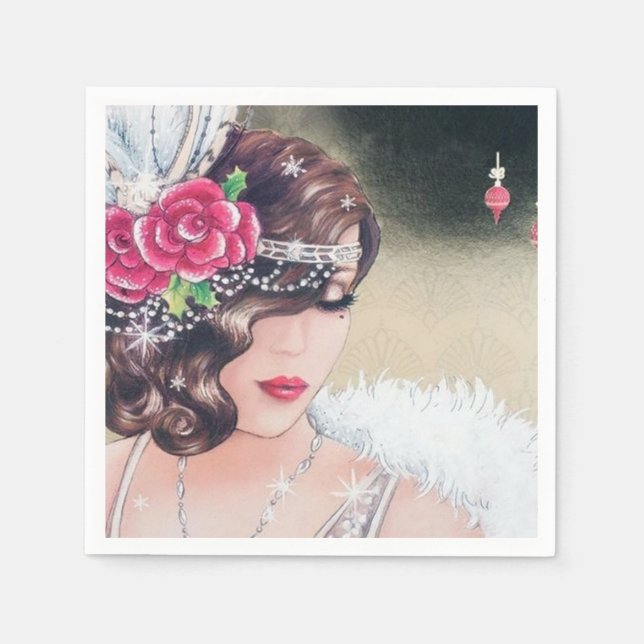 Art Deco retro vintage Christmas party lady  Napkins (Front)