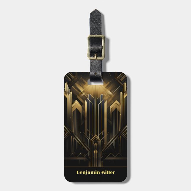 Art Deco Retro Vintage Classic 1920s Black & Gold Luggage Tag (Front Vertical)