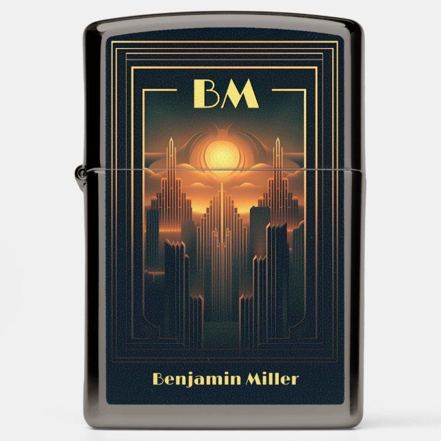 Art Deco Retro Vintage Classic 1920s Black & Gold Zippo Lighter (Front)