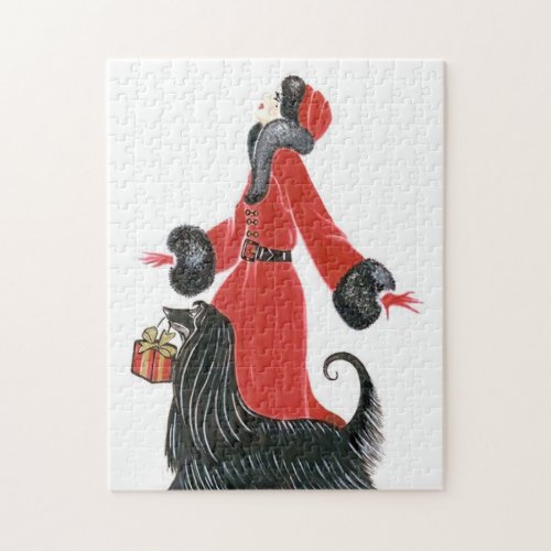 art deco retro vintage lady and dog Christmas Jigsaw Puzzle