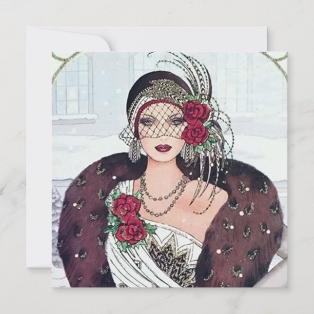 art deco retro vintage lady Christmas Holiday Card (Front)