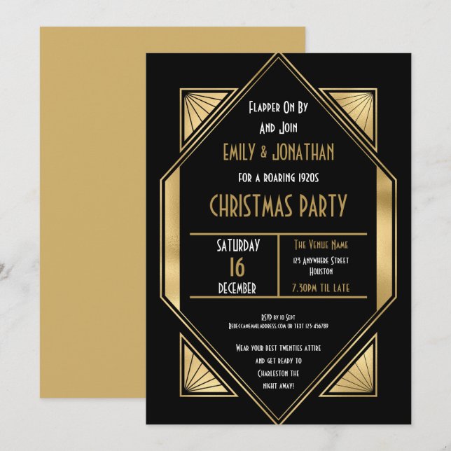 Art Deco Roaring 1920s Gold Black Christmas Party Invitation (Front/Back)
