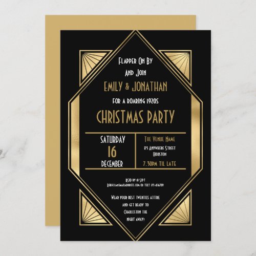 Art Deco Roaring 1920s Gold Black Christmas Party Invitation