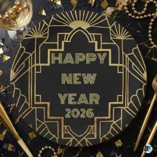 Art Deco Roaring 20s Black Gold New Year 2026 Paper Plates