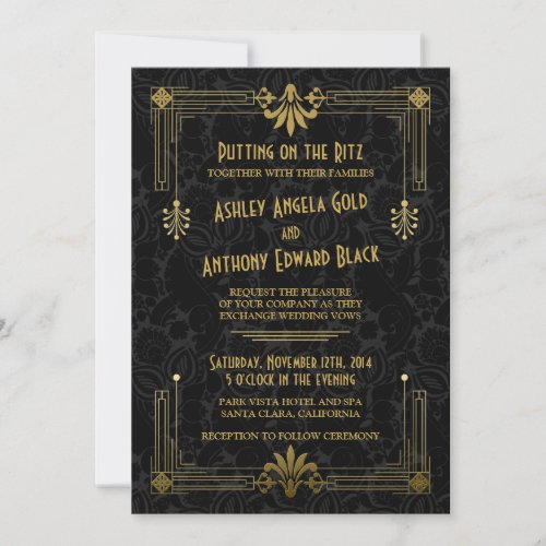 Art Deco Roaring 20s Black Gold Wedding Invitation