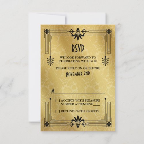 Art Deco Roaring 20s Black Gold Wedding RSVP Card