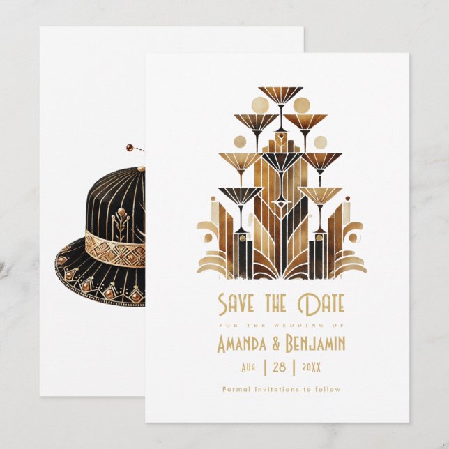 Art Deco Roaring 20s Gatsby Champagne Tower Save The Date (Front/Back)