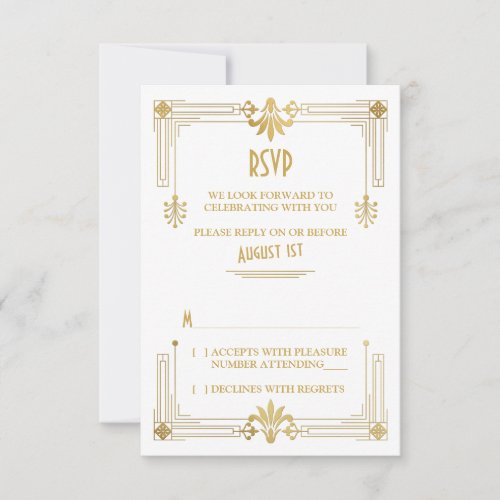Art Deco Roaring 20s Gold White Wedding RSVP Card