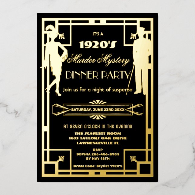 Art Deco Roaring 20s Murder Mystery Party Real Foil Invitation (Front)