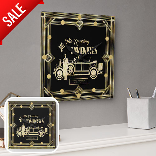 Art Deco Roaring Twenties Vintage Car Black Gold Square Wall Clock