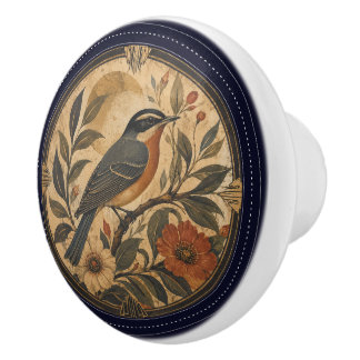 Art Deco Robin Red Flowers Botantical Ceramic Knob