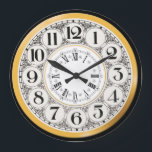Art Deco Roman numeral Gatsby Roman numeral Large Clock<br><div class="desc">A vintage Art Deco illustration featuring white circles edged with black around which faux black etched doodles appear are framed by a golden background and a faux gold inner circle that has Roman numerals on it</div>