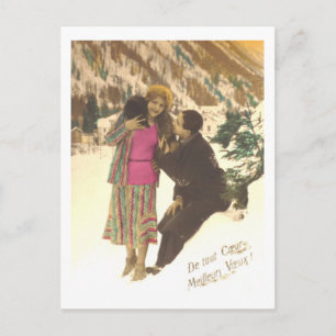 Art Deco Romantic Couple in Snow 1920s Postcard