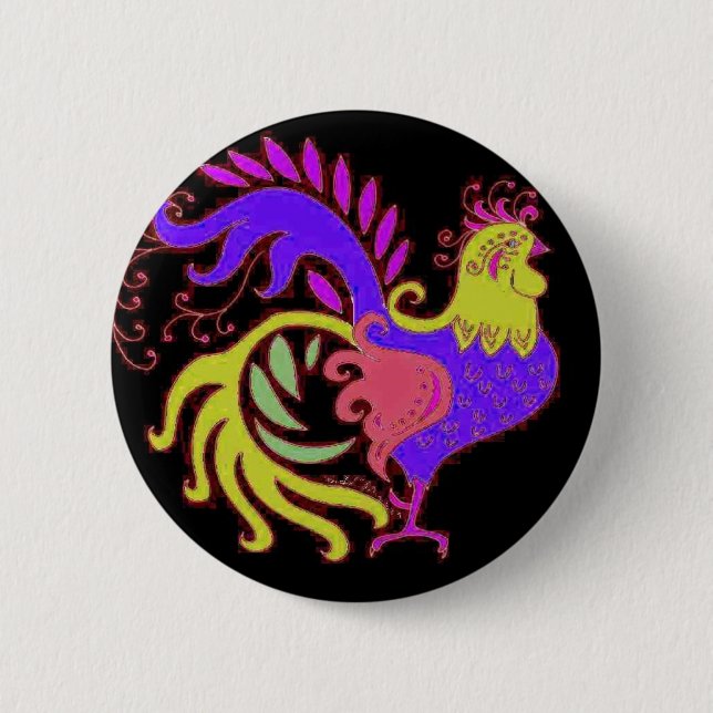 Art Deco rooster in Purple on Black Button (Front)